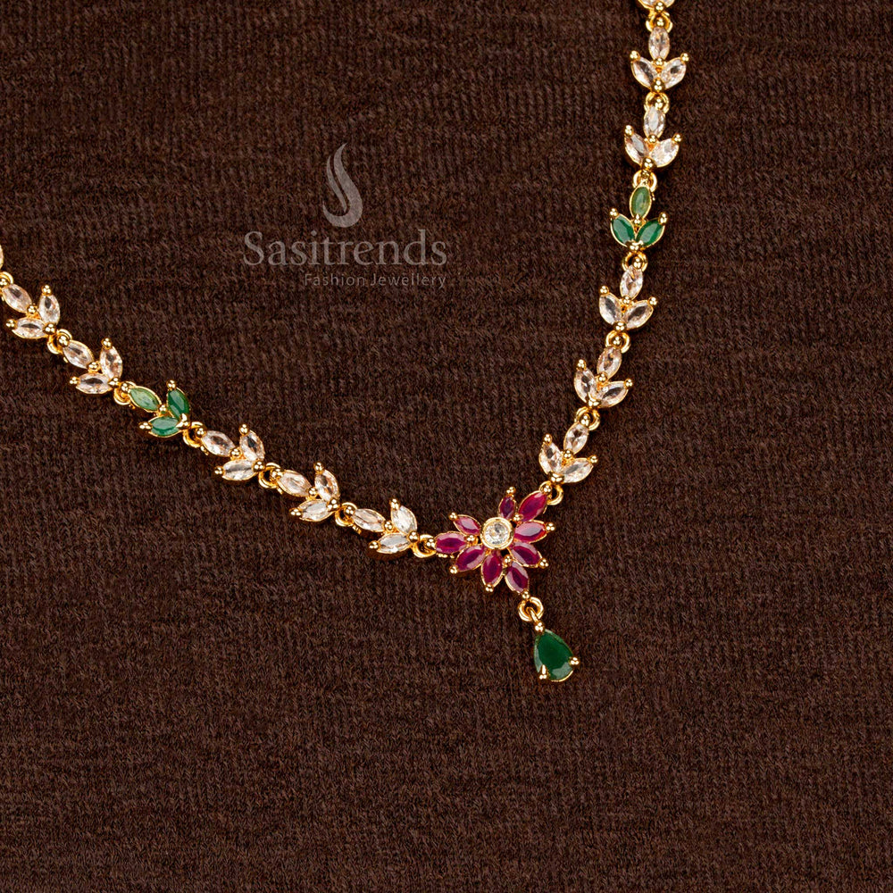 Traditional Micro Gold Plated AD Floral Necklace Set, Marquise Stone Pattern, High-Quality Finish – Sasitrends