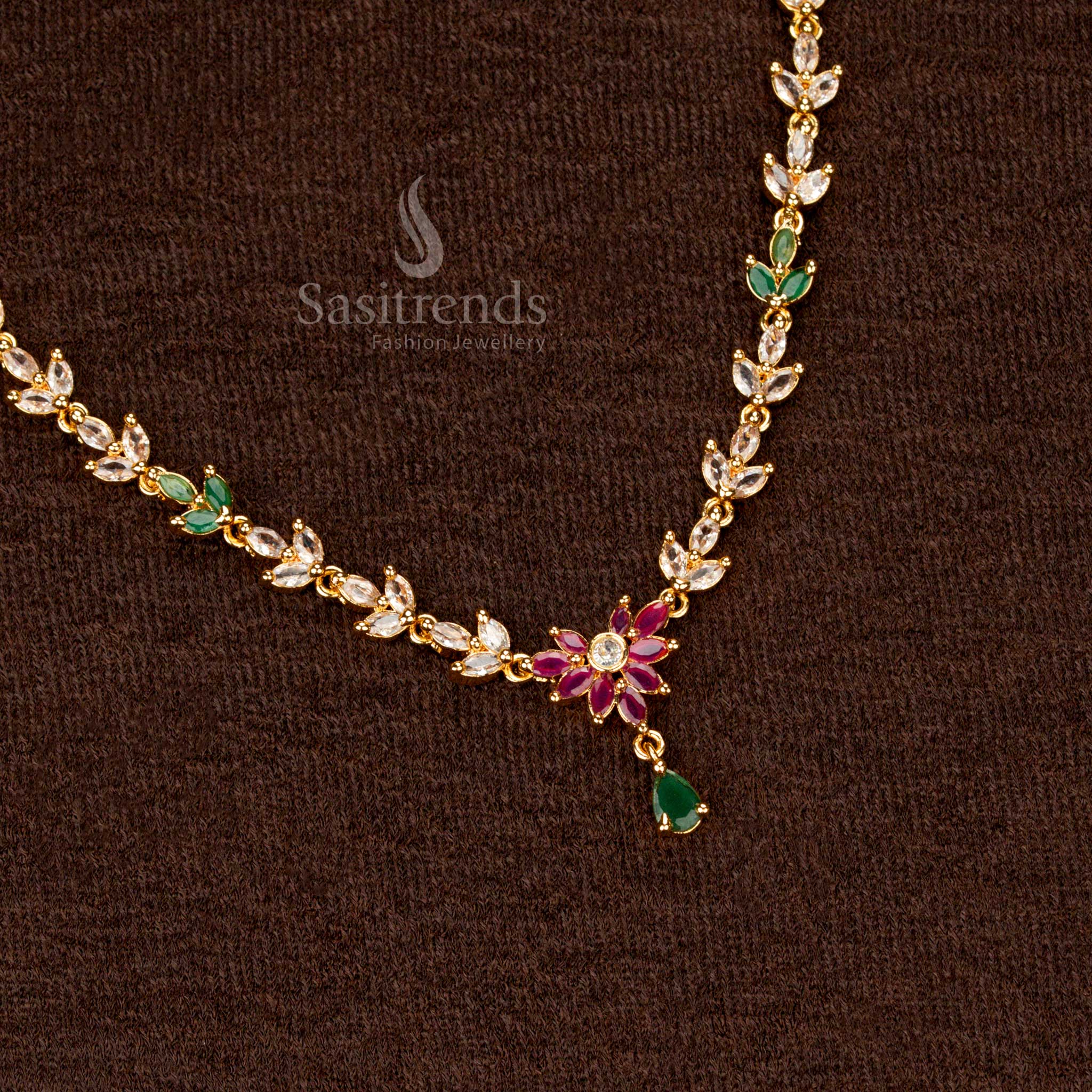 Traditional Micro Gold Plated AD Floral Necklace Set, Marquise Stone Pattern, High-Quality Finish – Sasitrends