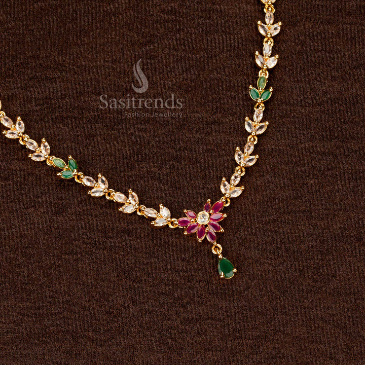 Traditional Micro Gold Plated AD Floral Necklace Set, Marquise Stone Pattern, High-Quality Finish – Sasitrends