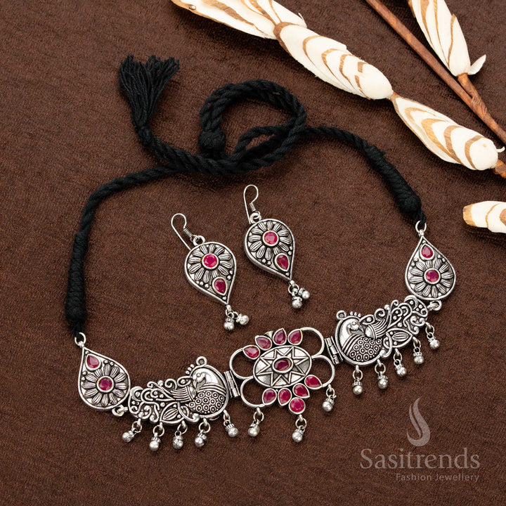 Beautiful Oxidised Navaratri Necklace Set with Dual Peacock Motifs, Central Floral Design and Stone-Studded Teardrop Elements – Traditional Wear for Sarees and Festivals - Sasitrends