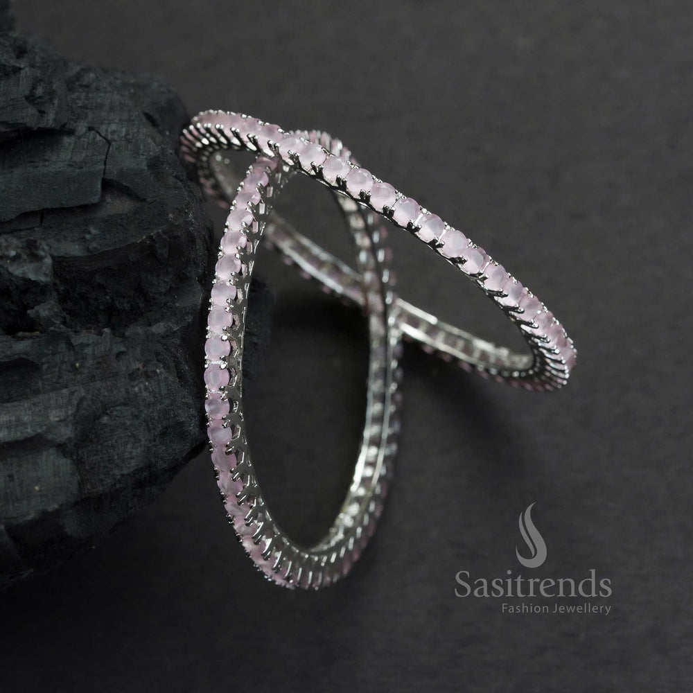 Chic Party Wear Rhodium Silver Bangles With Pink American Diamond Stones And Glossy Elegant Touch Jewellery - Sasitrends