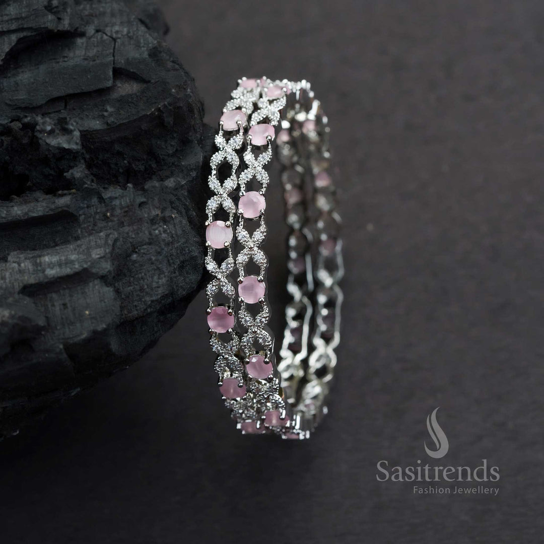 Chic Party Wear Rhodium Silver Bangles With Pink American Diamond Floral Pattern And Smooth Finish Jewellery - Sasitrends