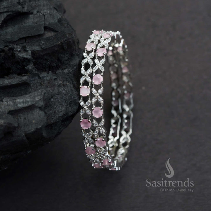 Rich Look Stunning Party Wear Rhodium Silver Plated Bangles with Floral American Diamond Stones