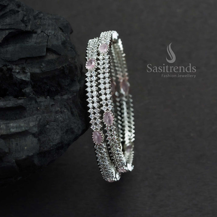 Trendy Rhodium Silver Bangles With Pink Oval American Diamond Stones And Classy Elegant Finish Jewellery - Sasitrends