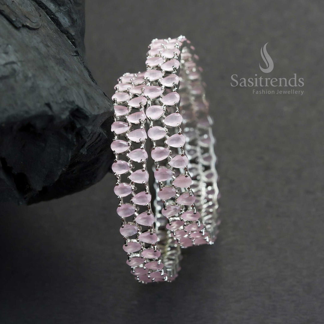 Chic Rhodium Silver Bangles With Pink American Diamond Tear Drop Stone Design For Party Wear Jewellery - Sasitrends