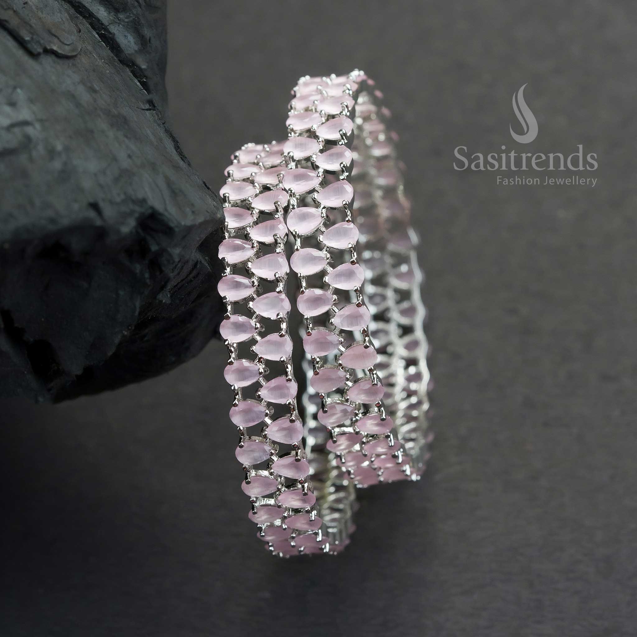 Chic Rhodium Silver Bangles With Pink American Diamond Tear Drop Stone Design For Party Wear Jewellery - Sasitrends