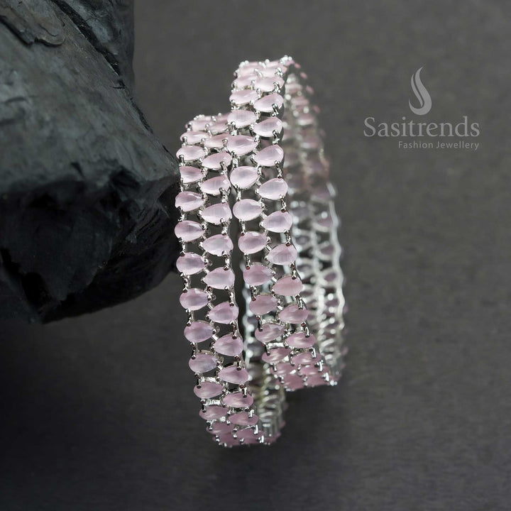 Stylish Party Wear Rhodium Silver Plated Bangles with Stunning Tear Drop American Diamond Stones | Sasitrends