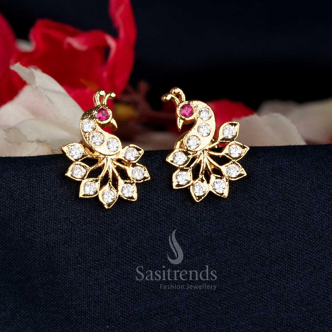 Impon Addigai micro gold plated AD stone peacock design stud earrings for saree wear - Sasitrends