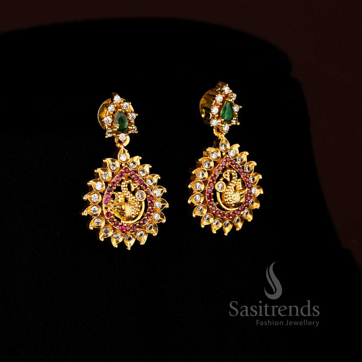 Premium matte gold plated multicolour peacock AD stud earrings adorned with shimmering stones ideal for bridal occasions - Sasitrends