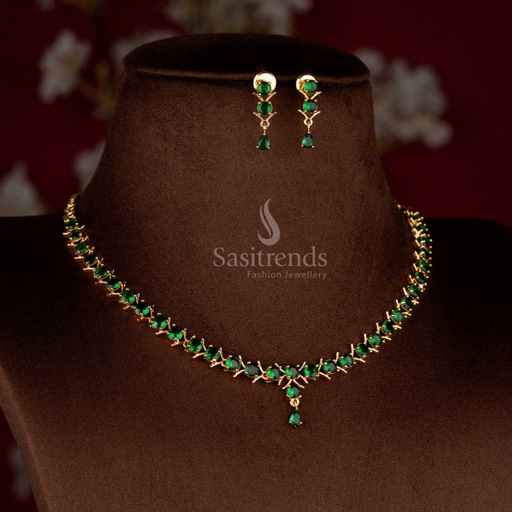 Radiant green micro gold plated American diamond V-cut round stone necklace set styled beautifully for grand festive silk saree occasions – Sasitrends