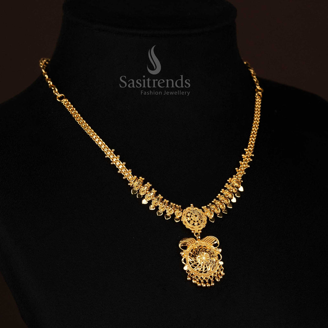 Micro gold plated floral circular filigree pendant necklace with dual tone chain – elegant ethnic jewellery design perfect for sarees, festive functions, and graceful partywear – Sasitrends