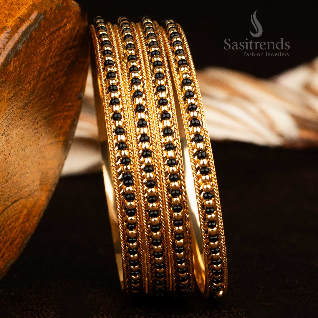 Elegant Micro Gold Plated Single Line Black Bead Bangles – Set of 4 – Sasitrends