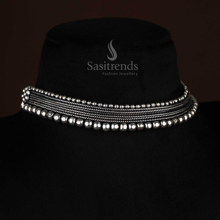 Oxidised Choker with Rectangular Zigzag Pendant & Beaded Necklace for Ethnic & Navarathri Festival Styling