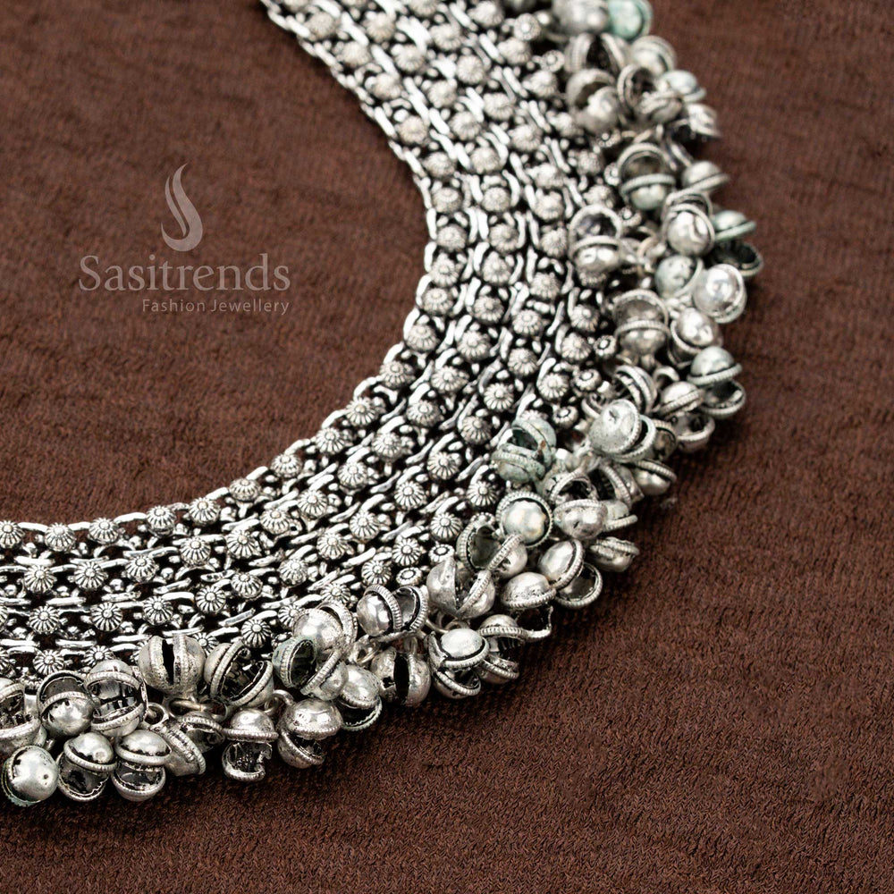 Floral Motif Traditional Oxidised Choker Necklace with Hanging Beads – Sasitrends