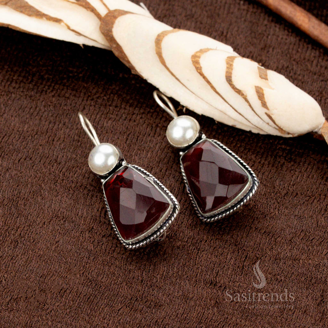 Traditional oxidised earrings with pearl top and stone – Sasitrends
