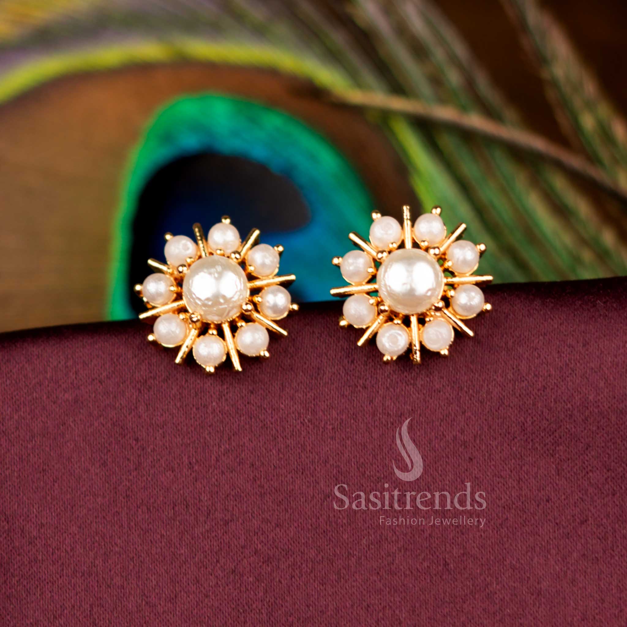 Classic Pearl Starburst Stud Earrings Traditional Real Gold Look Micro Gold Plated - Sasitrends