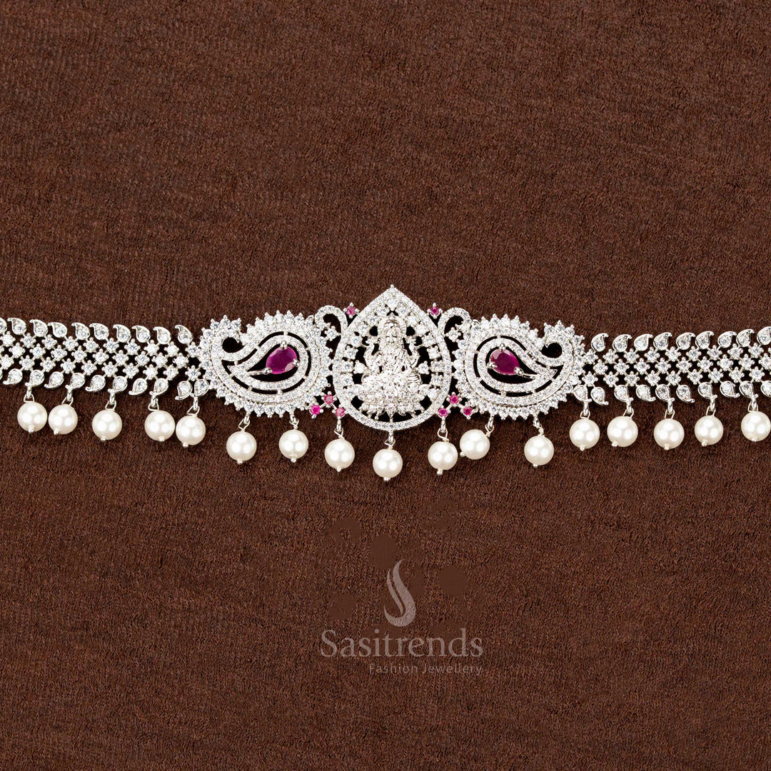 Rhodium Plated American Diamond Hipbelt with Lakshmi Motif and Pearls – Sasitrends