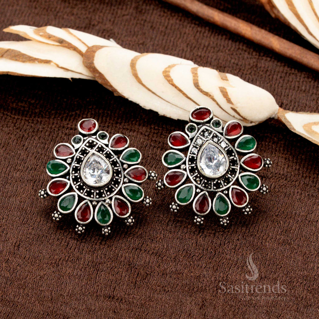 Traditional Multicolor Oxidised Stud Earrings with Teardrop Center – Sasitrends