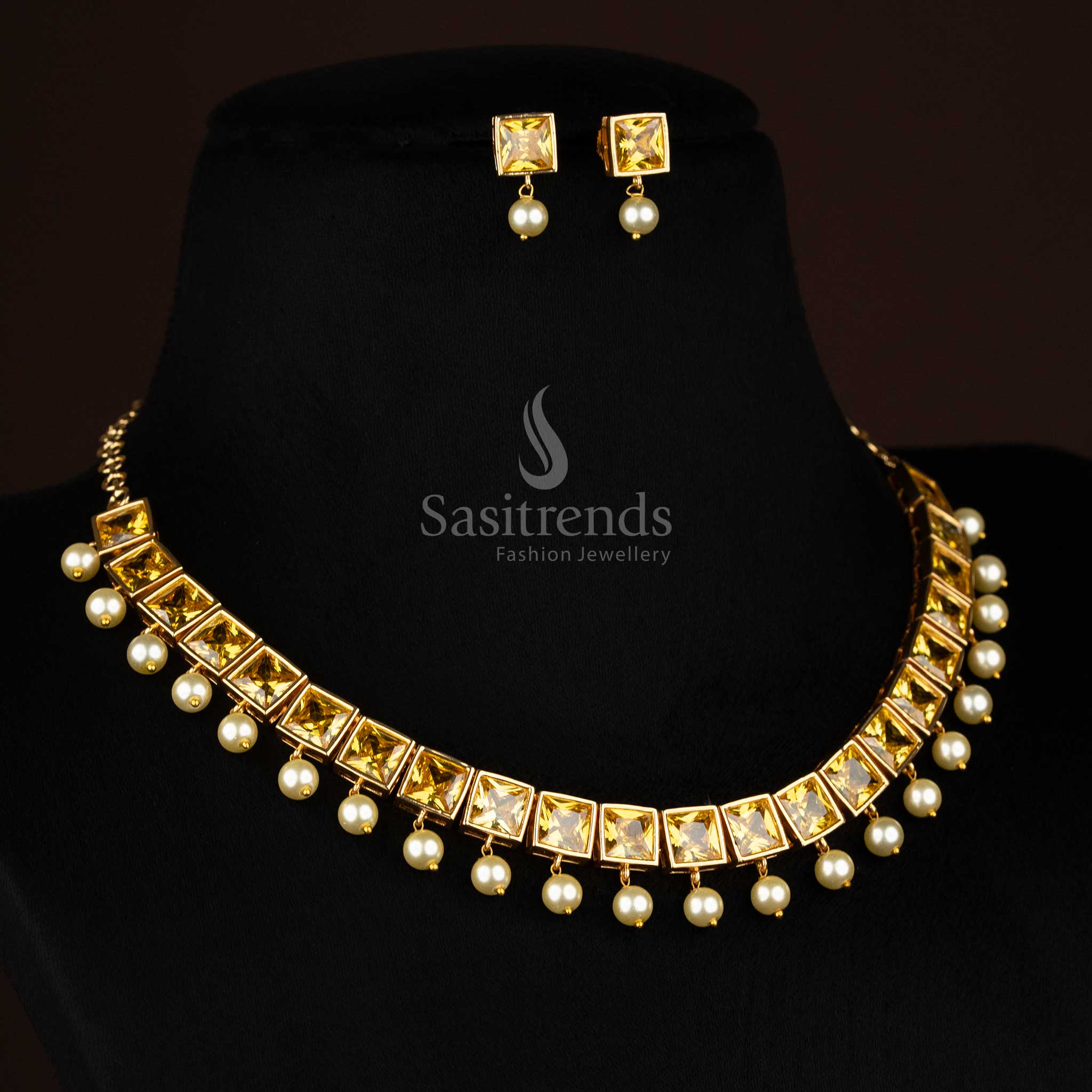 BIG yellow American Diamond square stone necklace set featuring pearl hangings for cultural festive jewellery – Sasitrends