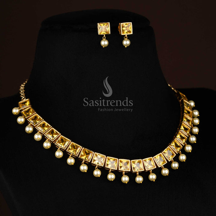 BIG yellow American Diamond square stone necklace set featuring pearl hangings for cultural festive jewellery – Sasitrends