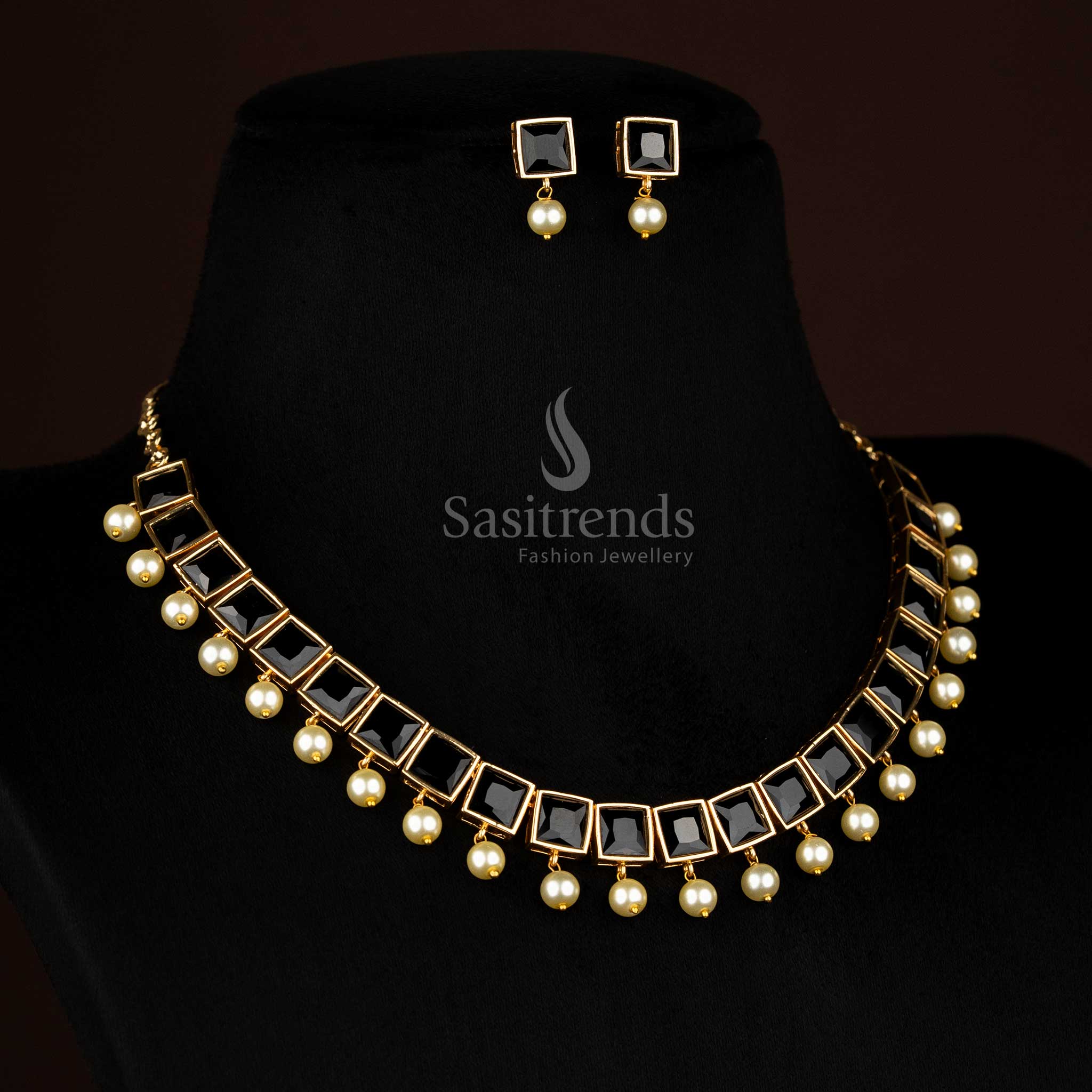 BIG black American Diamond square stone necklace with pearl drops designed for sophisticated function jewellery – Sasitrends