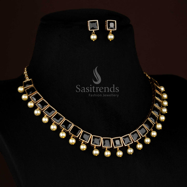 BIG black American Diamond square stone necklace with pearl drops designed for sophisticated function jewellery – Sasitrends