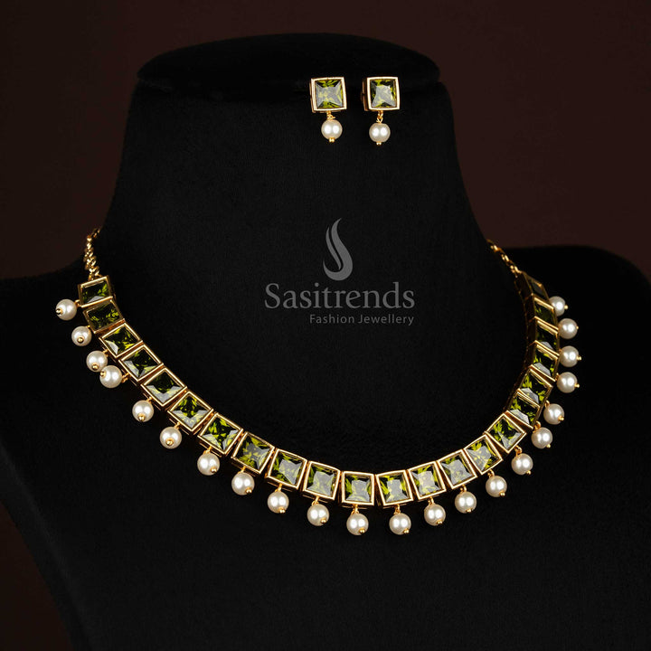 BIG henna-green American Diamond square stone necklace with pearl drops suited for premium occasion jewellery – Sasitrends