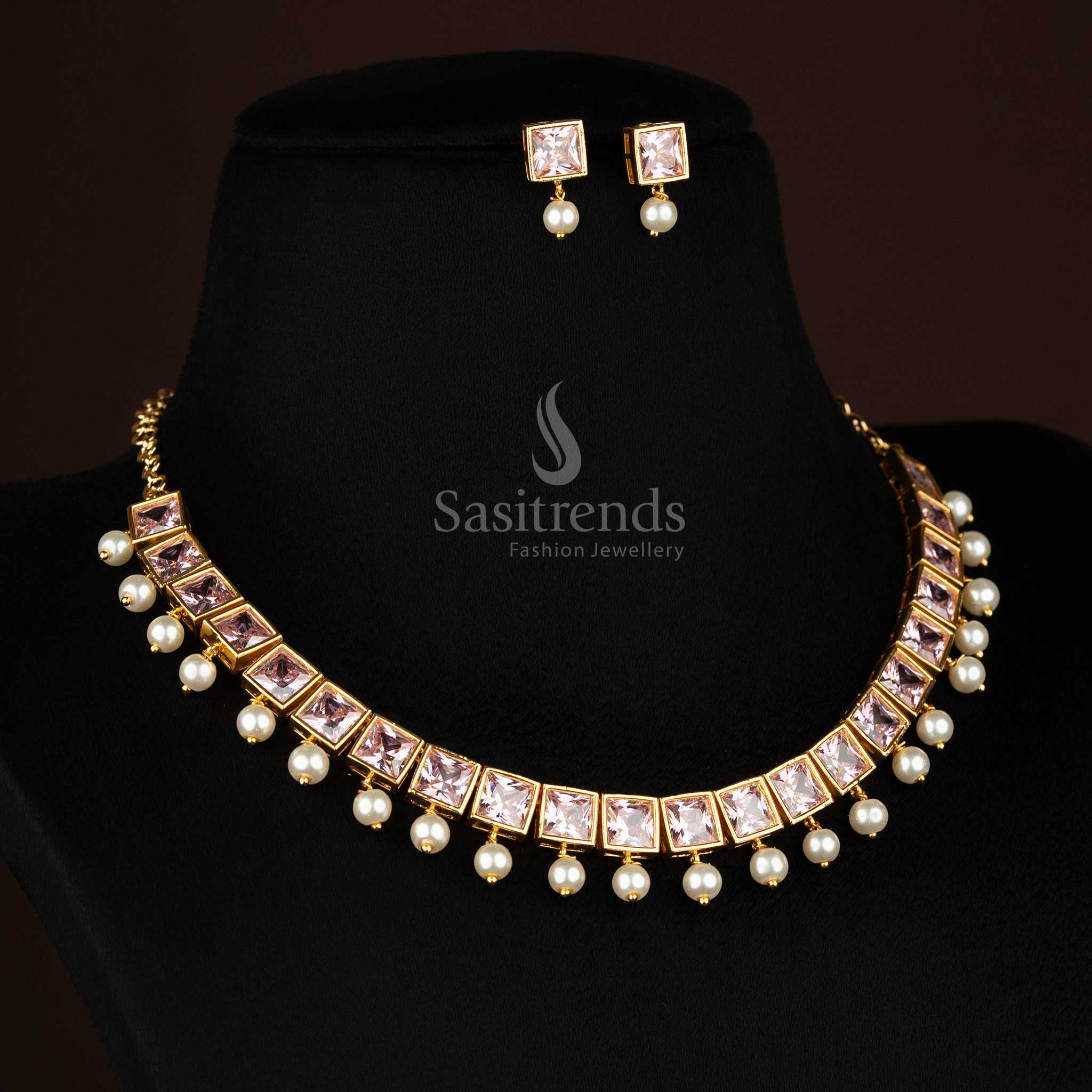 BIG pink American Diamond square stone necklace set with pearl hangings crafted for festive jewellery styling – Sasitrends