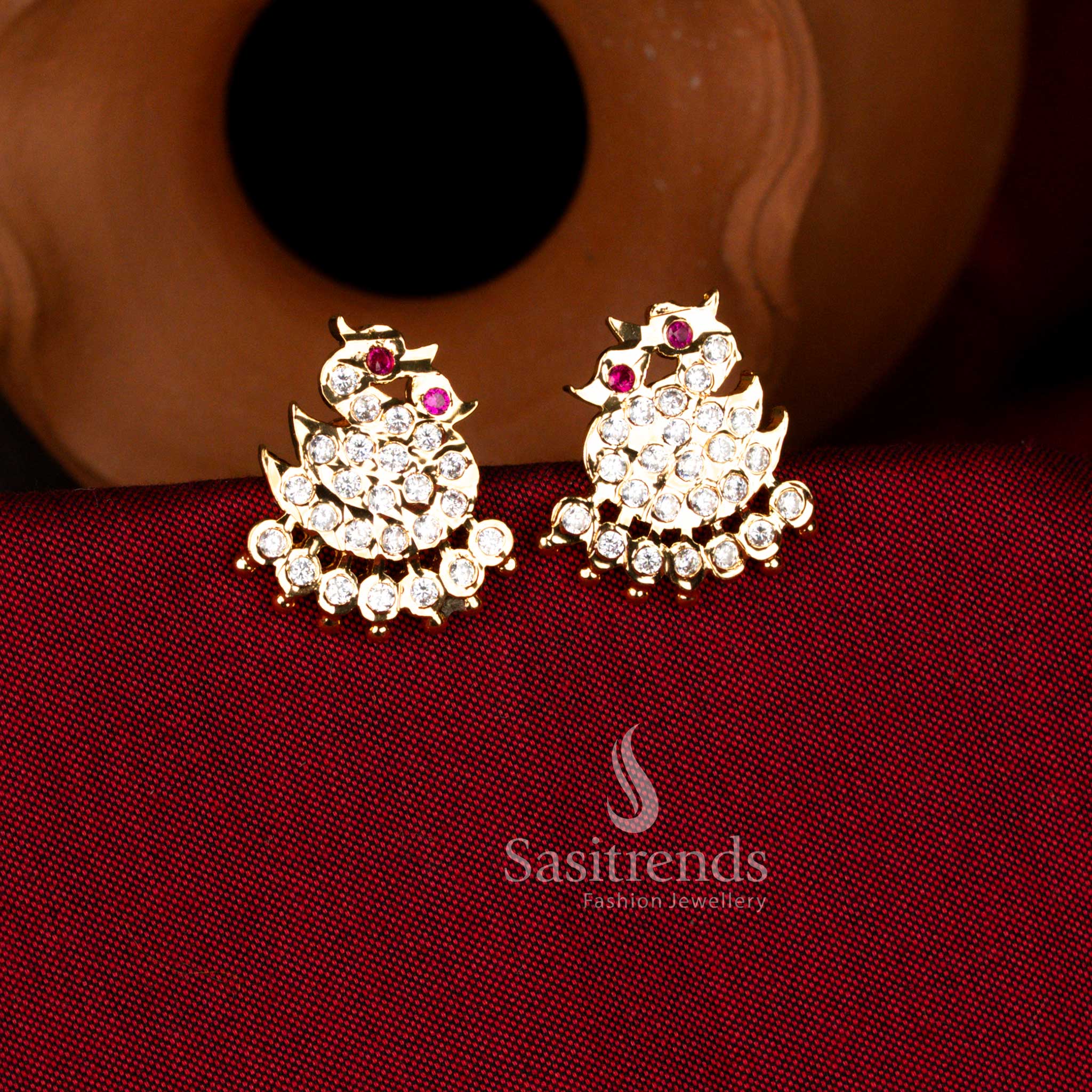 Radiant Impon Addigai guaranteed micro gold plated swan in crescent AD earrings in white shimmer perfect for weddings and grand festive occasions – Sasitrends