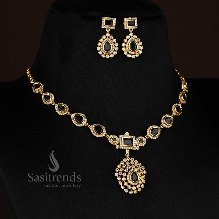Classic black American Diamond teardrop rectangle motif matte gold plated necklace suited for stylish gatherings - Sasitrends