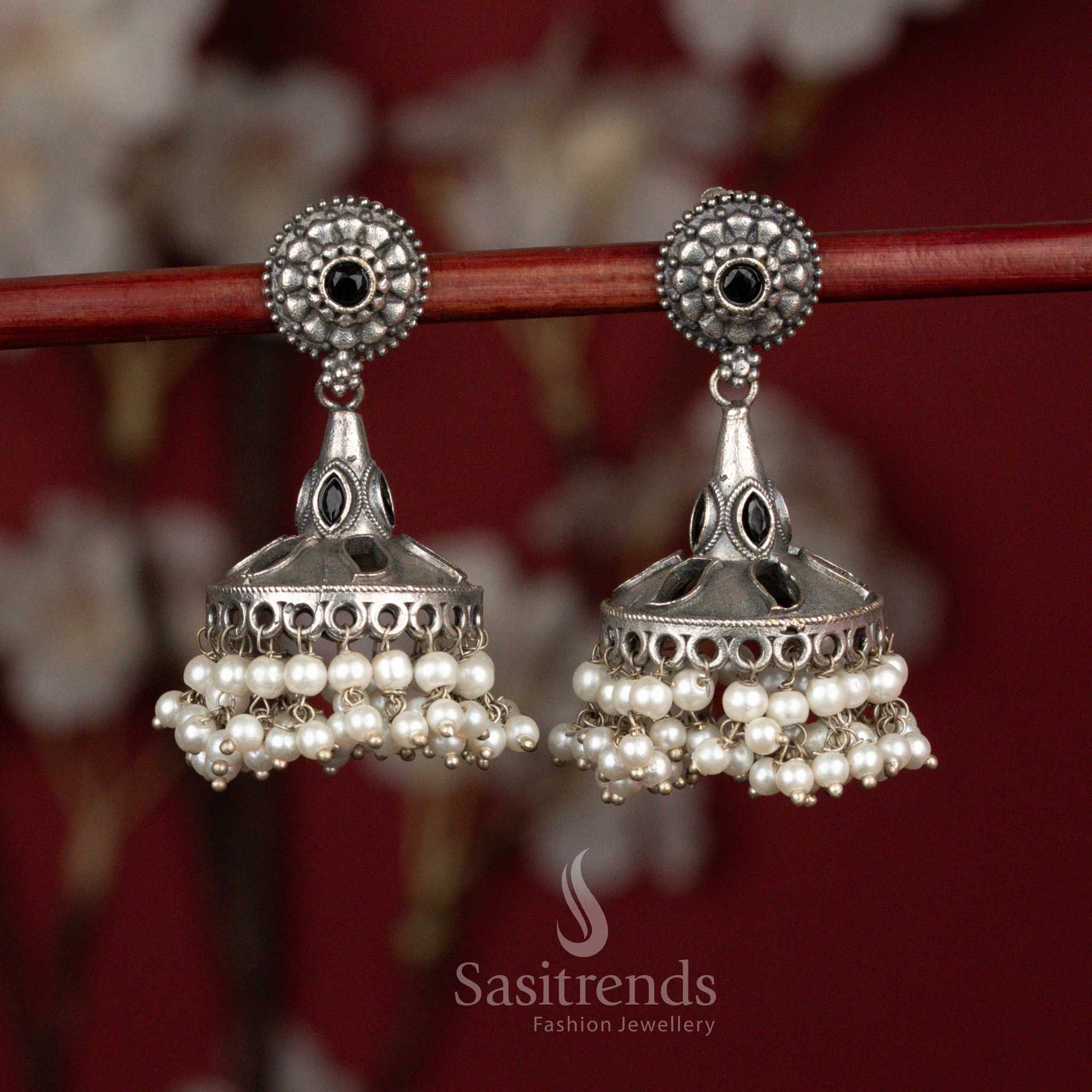 Obsidian black oxidised 92.5 silver round floral dome jhumka earrings with pearl fringes for ethnic occasions - jewellery - Sasitrends