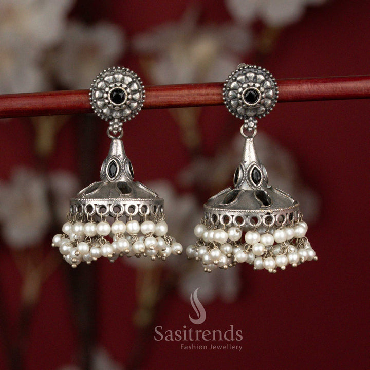 Obsidian black oxidised 92.5 silver round floral dome jhumka earrings with pearl fringes for ethnic occasions - jewellery - Sasitrends