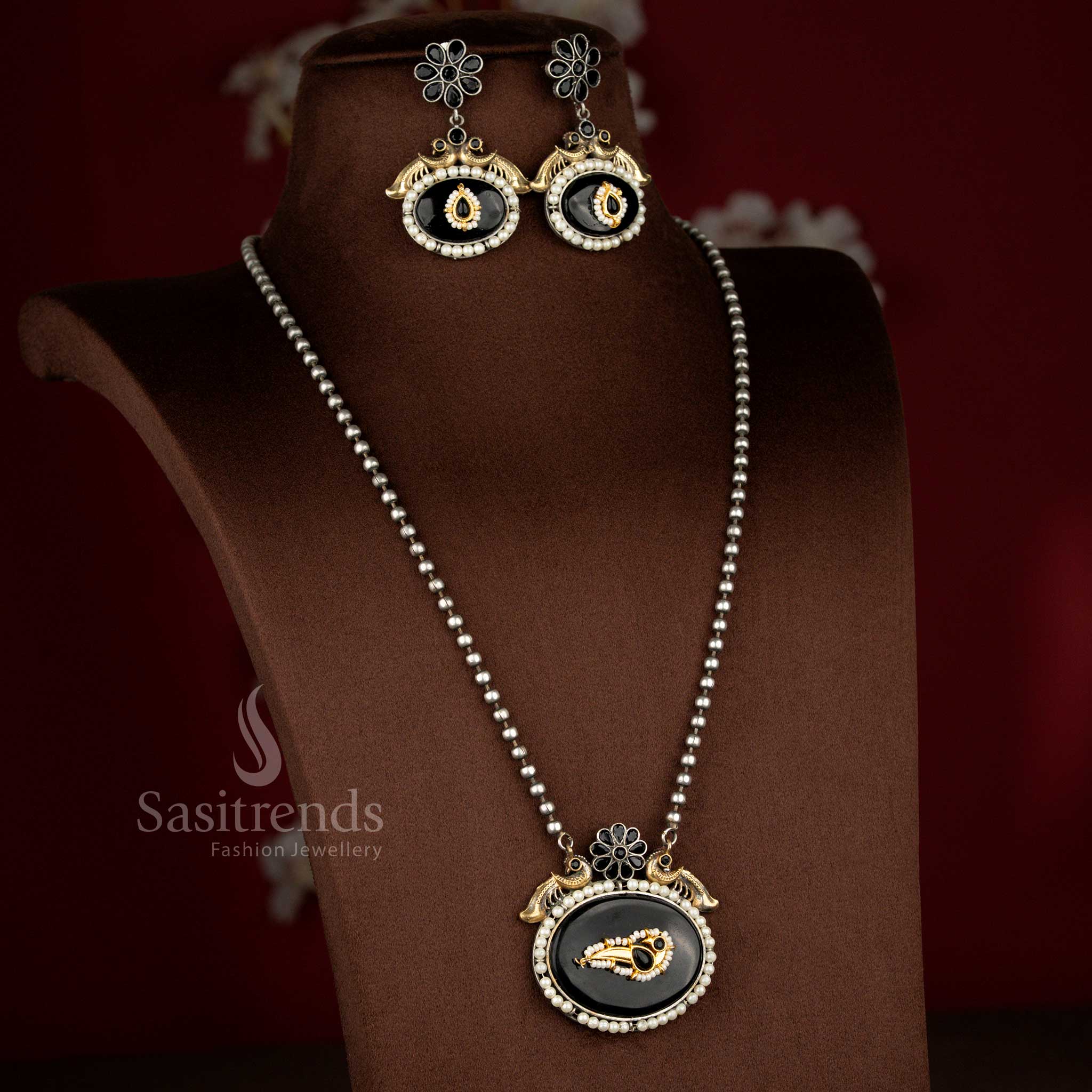 Regal black antique oxidised 92.5 silver plated oval peacock pendant long necklace set – Sasitrends