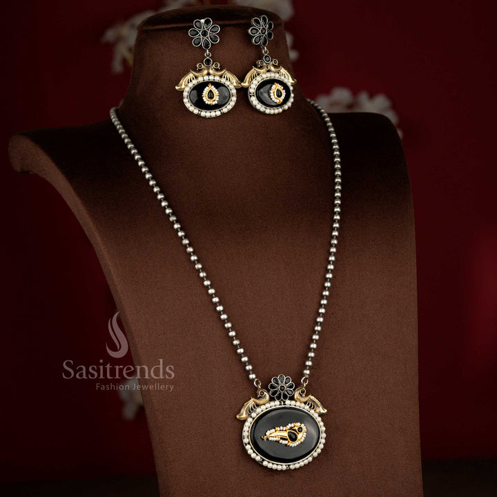 Regal black antique oxidised 92.5 silver plated oval peacock pendant long necklace set – Sasitrends