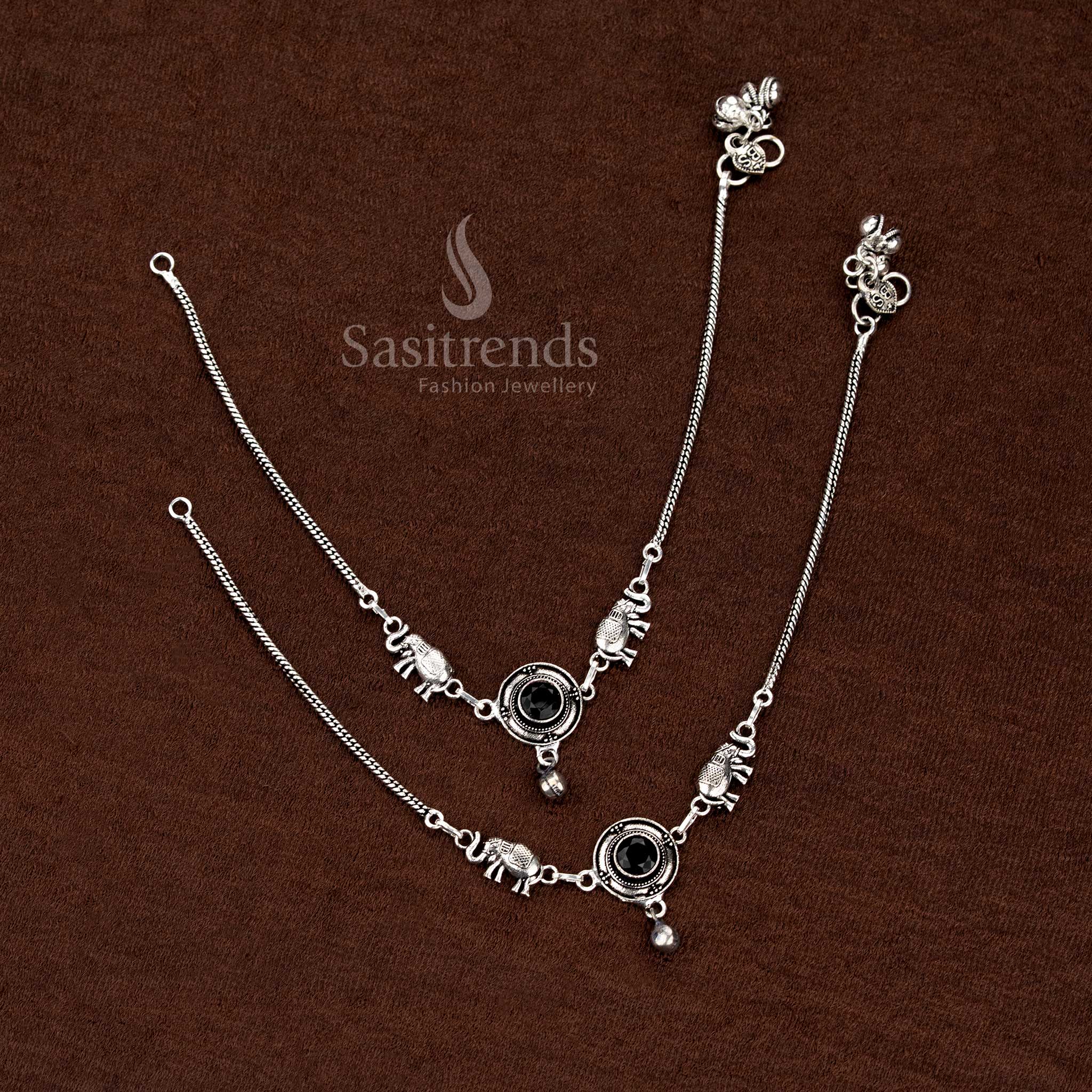 Midnight black oxidised Monalisa stone elephant anklets with circular motifs perfect for festive and cultural styling – Sasitrends