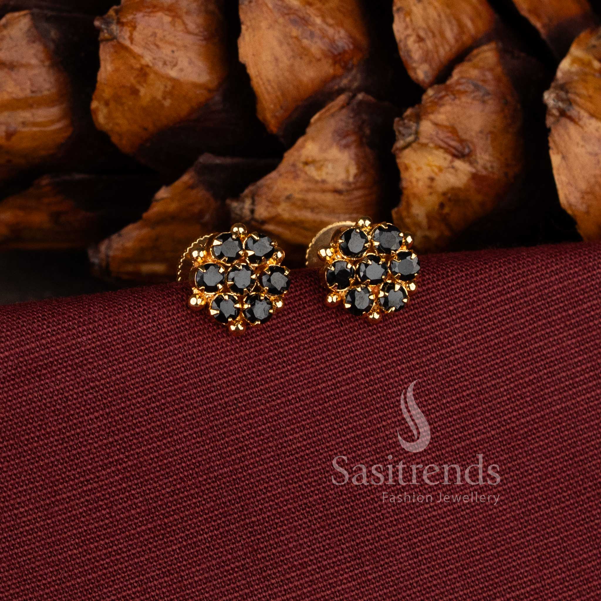 Elegant micro gold plated floral stud earrings with Black stones and American diamonds for women by Sasitrends