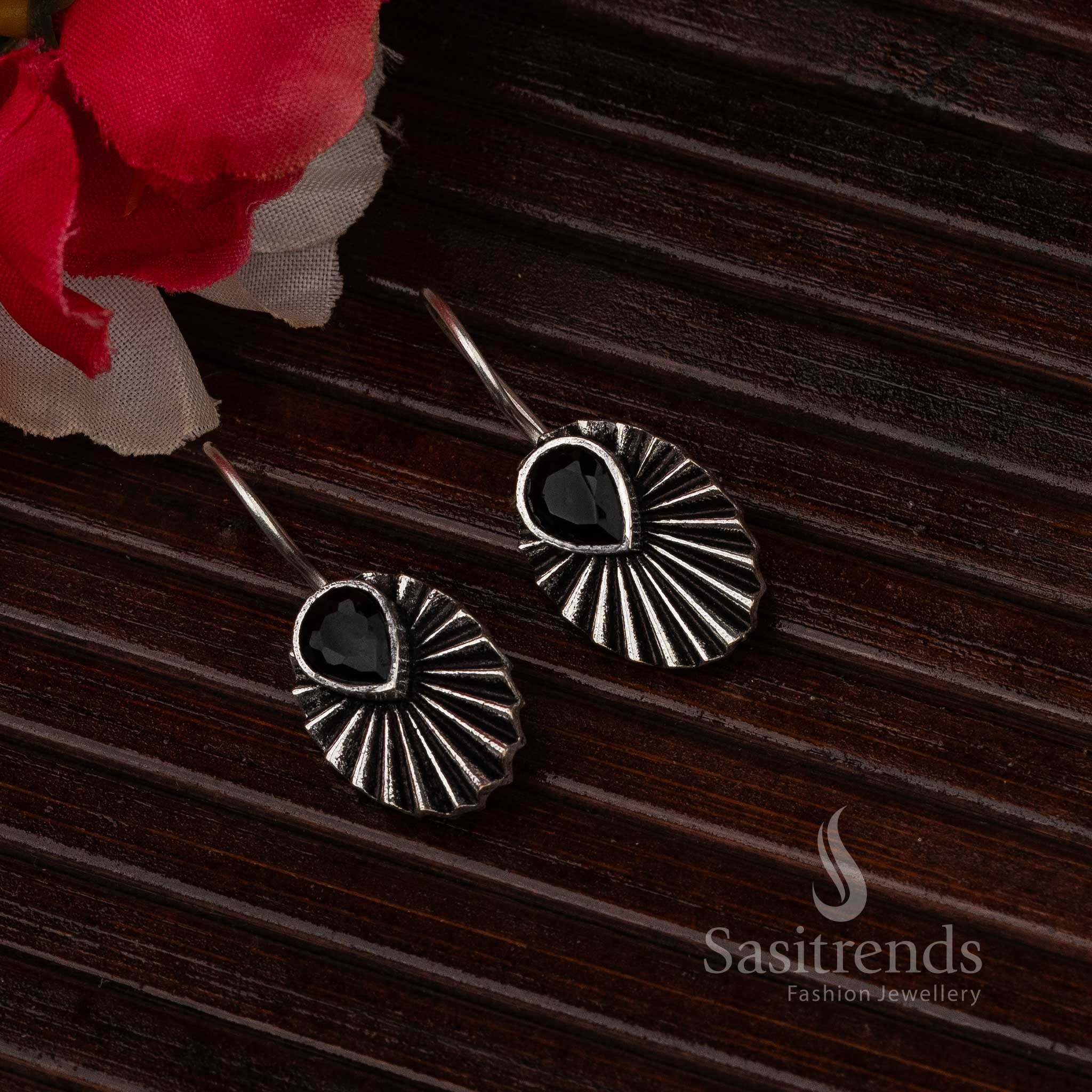 Black Oval Teardrop Oxidised Silver Earrings 2380J for Elegant Looks