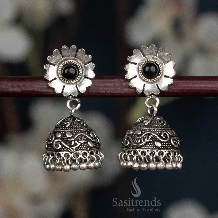 Oxidised Floral Stud Jhumka Earrings With Swirl Dome And Ball Fringe In Elegant Black Colour, Vintage Fusion Handcrafted Designer Jewellery Perfect For Traditional Sarees And Contemporary Outfits – Sasitrends