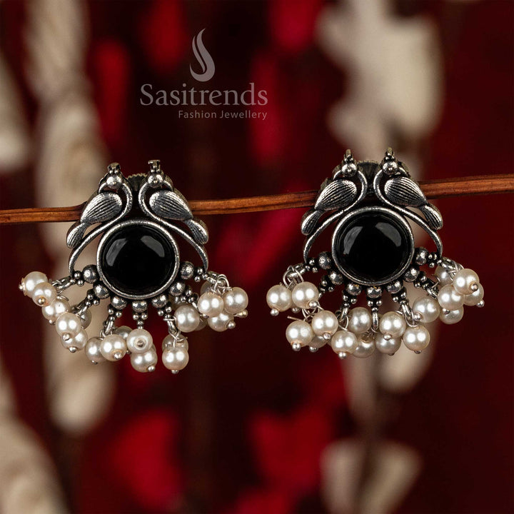 Oxidised German Silver Peacock Designer Monalisa Stone Pearl Earrings 