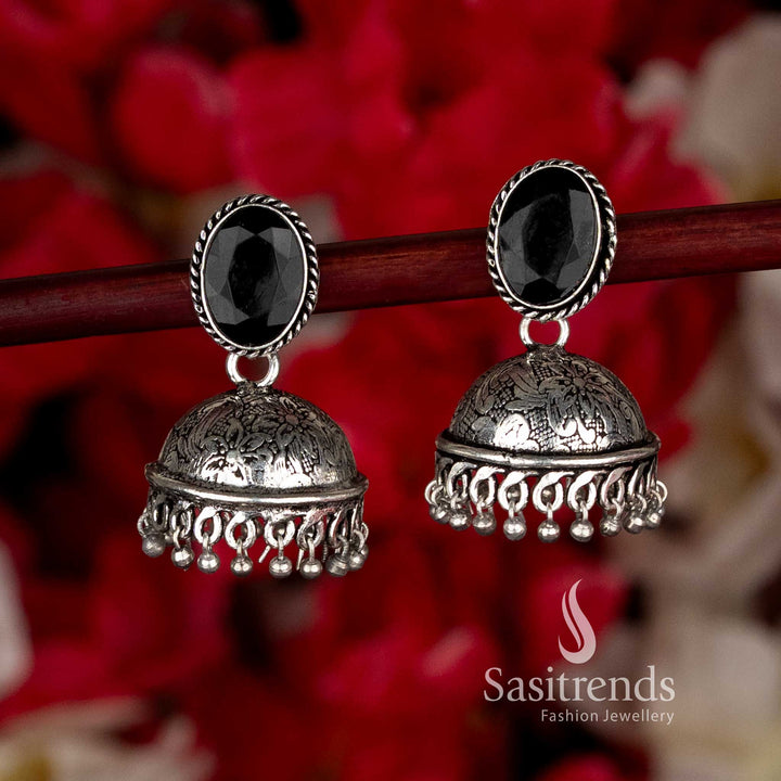 Gorgeous black oxidised oval stone jhumka earrings with intricate bead hangings ideal for Navaratri celebrations and evening elegance by Sasitrends