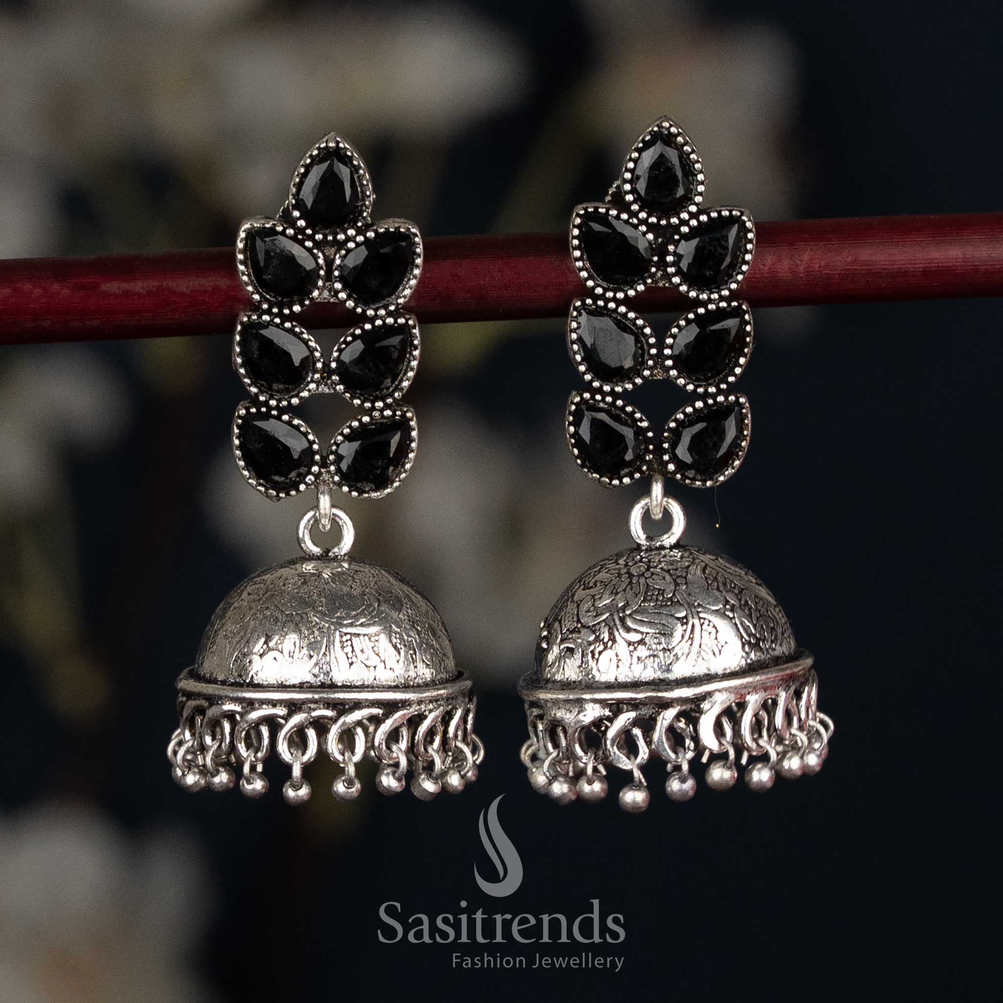 Bold black oxidised petal cluster stud jhumka earrings featuring textured dome for traditional outfits - Sasitrends