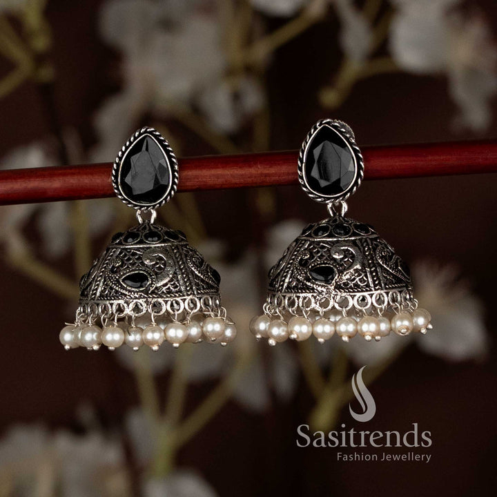 Oxidised Teardrop Stud Peacock Motif Jhumka Earrings with Pearl Drops – Ethnic Heritage Design
