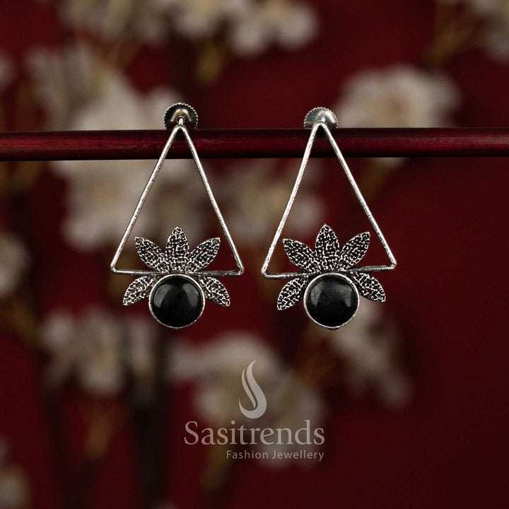 Oxidised isosceles triangle round stone earrings crafted in black tone perfect for casual outings and elegant evening wear – Sasitrends