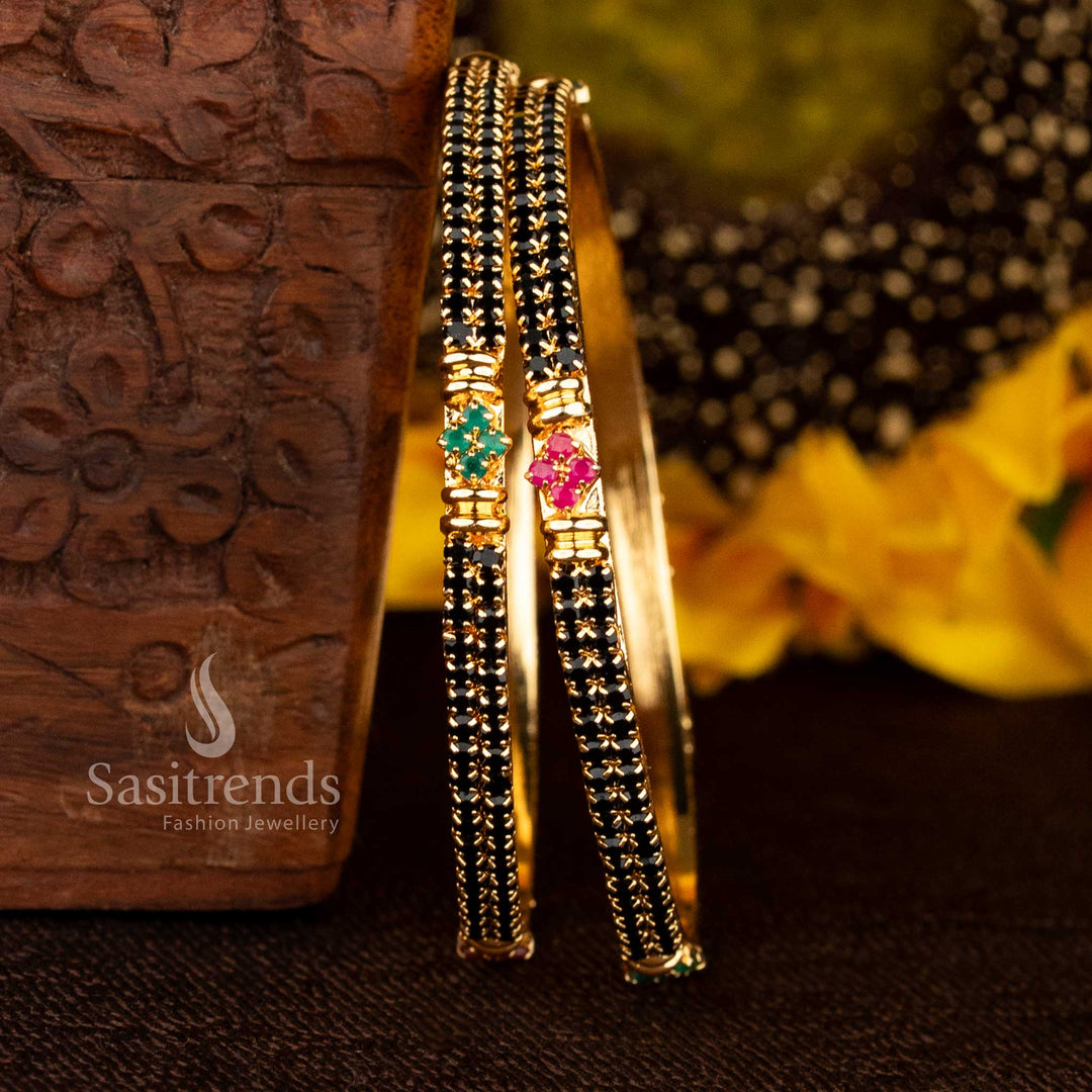 Elegant black, ruby, and green micro gold plated bangles featuring sparkling para stones, perfect for wedding functions, festive dressing, and ethnic jewellery styling - Sasitrends