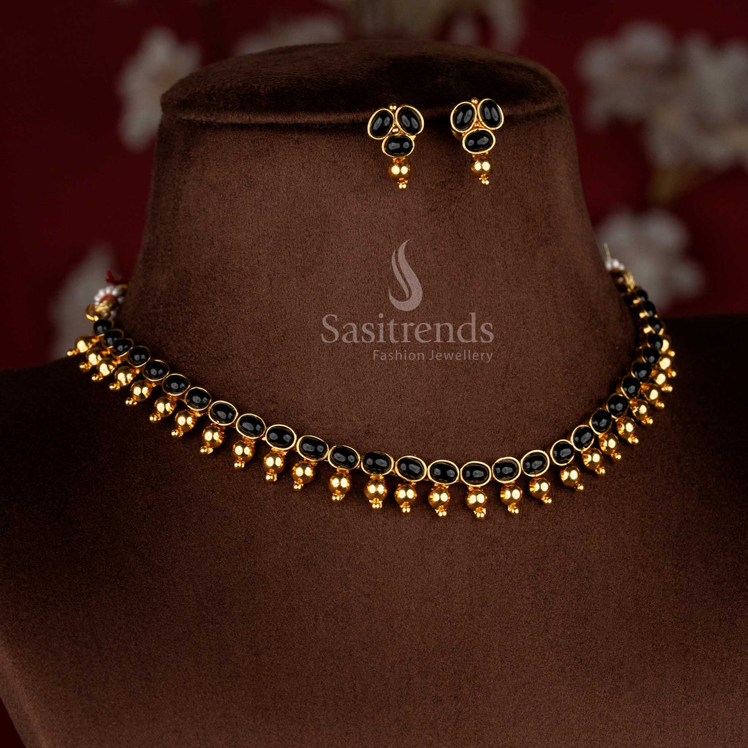 Sophisticated classic antique black Mullapoo temple necklace set with golden ball design for festive and cultural styling – Sasitrends