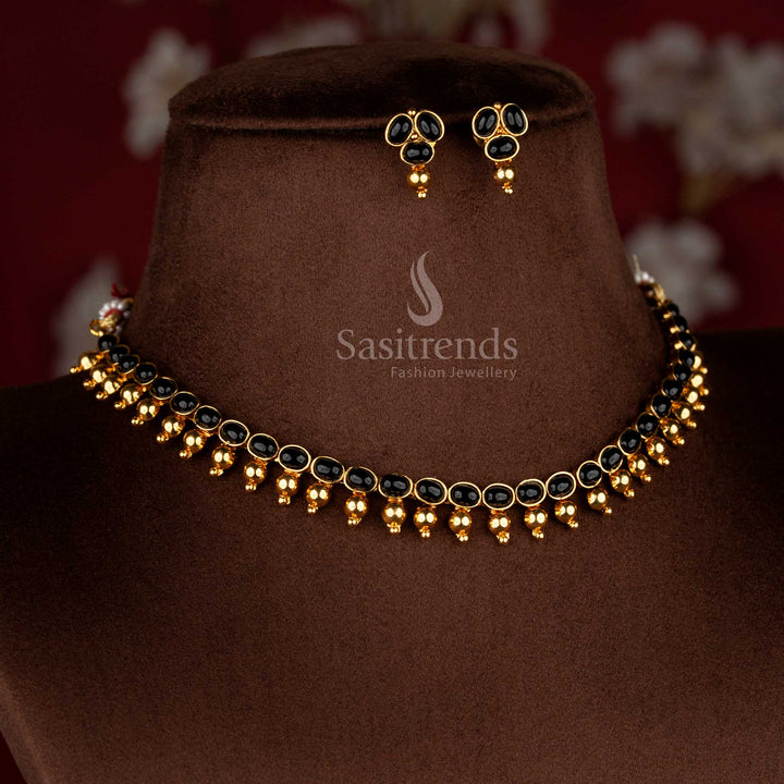 Sophisticated classic antique black Mullapoo temple necklace set with golden ball design for festive and cultural styling – Sasitrends