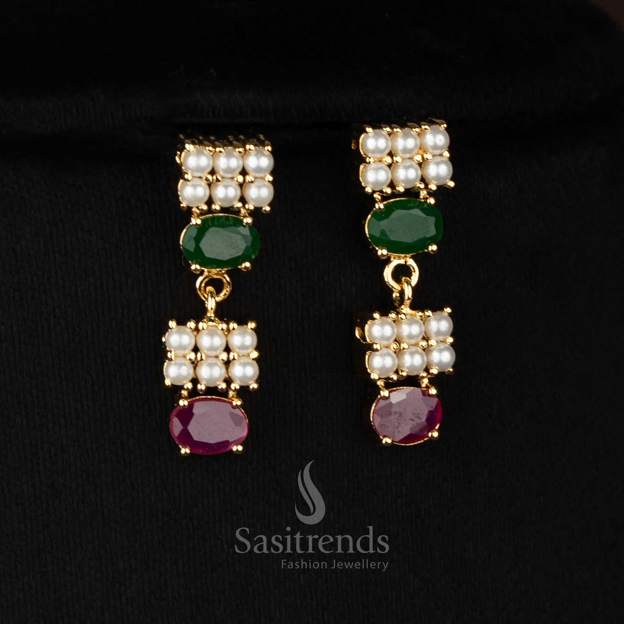 Sprig micro gold plated pearl ruby green double linear cut pearl earrings with oval highlights for sophisticated evening gatherings - Sasitrends