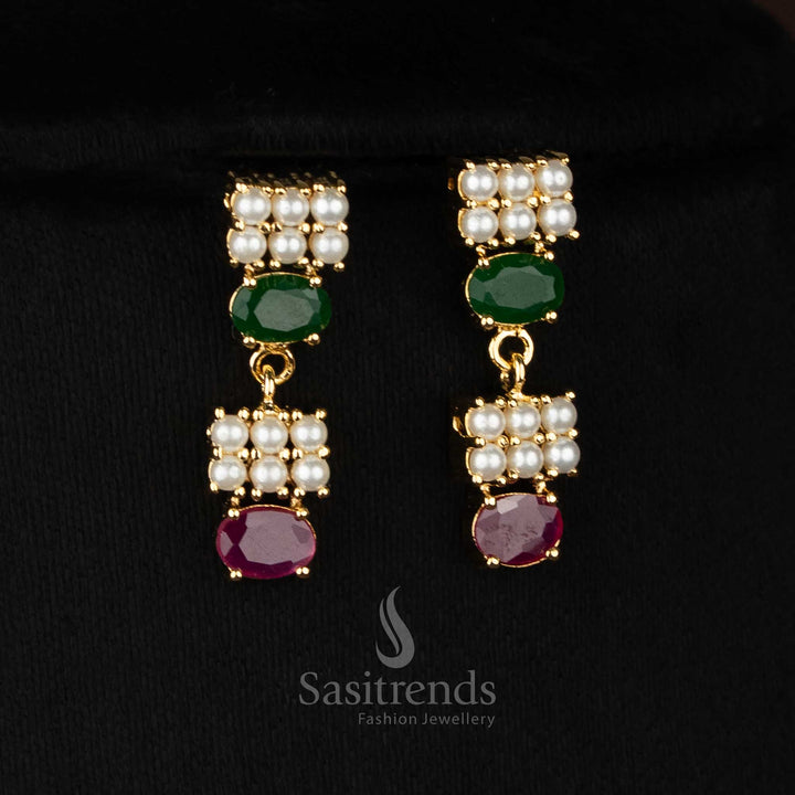 Sprig micro gold plated pearl ruby green double linear cut pearl earrings with oval highlights for sophisticated evening gatherings - Sasitrends