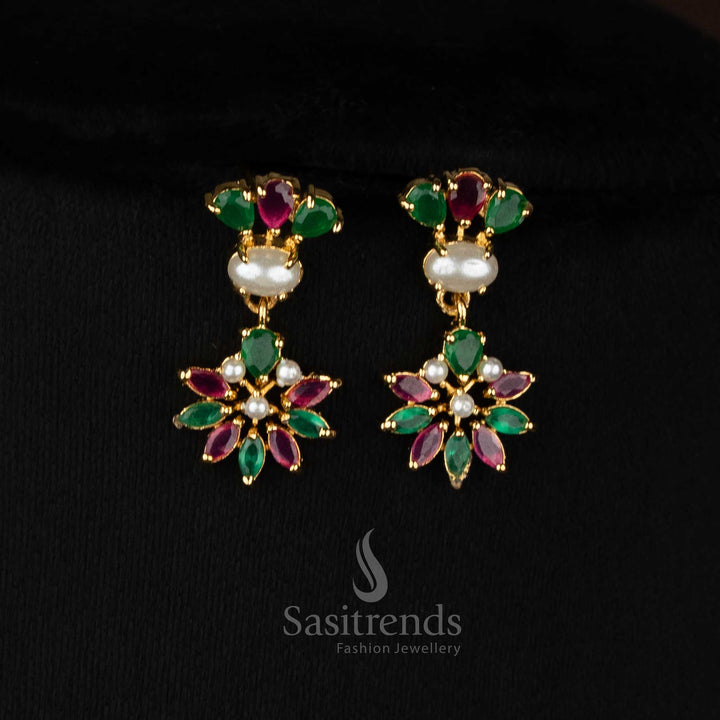 Micro gold plated pearl ruby green oval floral leaf cluster earrings ideal for party evenings - Sasitrends