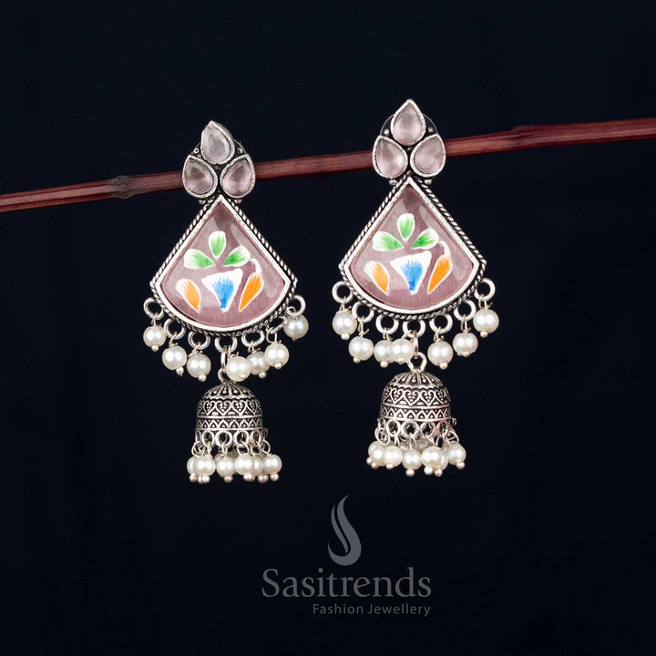Roselight oxidised pink Monalisa triangular jhumka earrings with pearl drops, ideal for Navaratri festive glow – Sasitrends